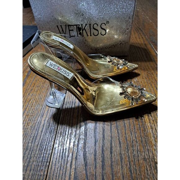 New Sz 7 Wet Kiss Clear High Heel Slingback Rhinestone Gold Sunflower Dress Shoe - Picture 8 of 12